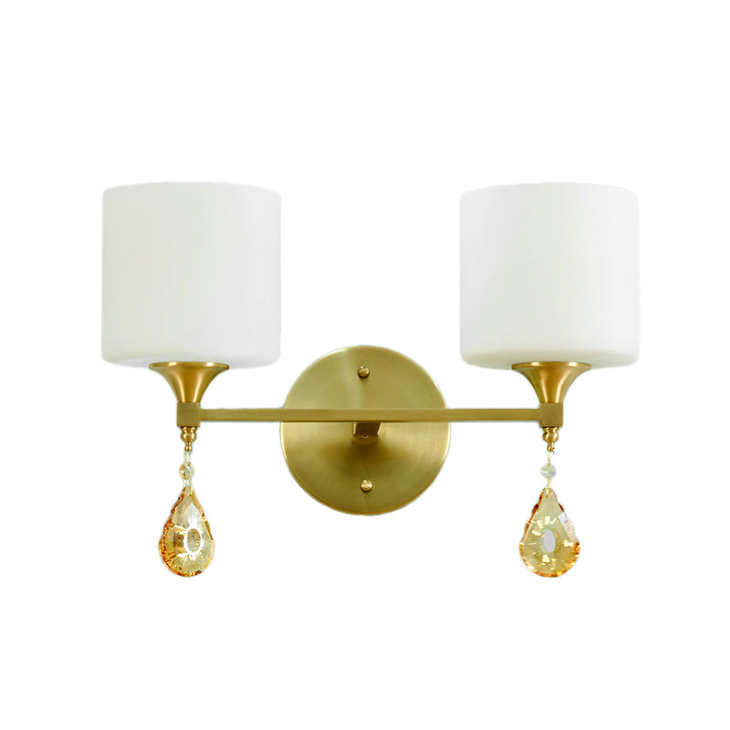 Nordic Style Cylinder Wall Lamp Frosted Glass 1/2-Light Wall Light with Amber Crystal Drops in Brass