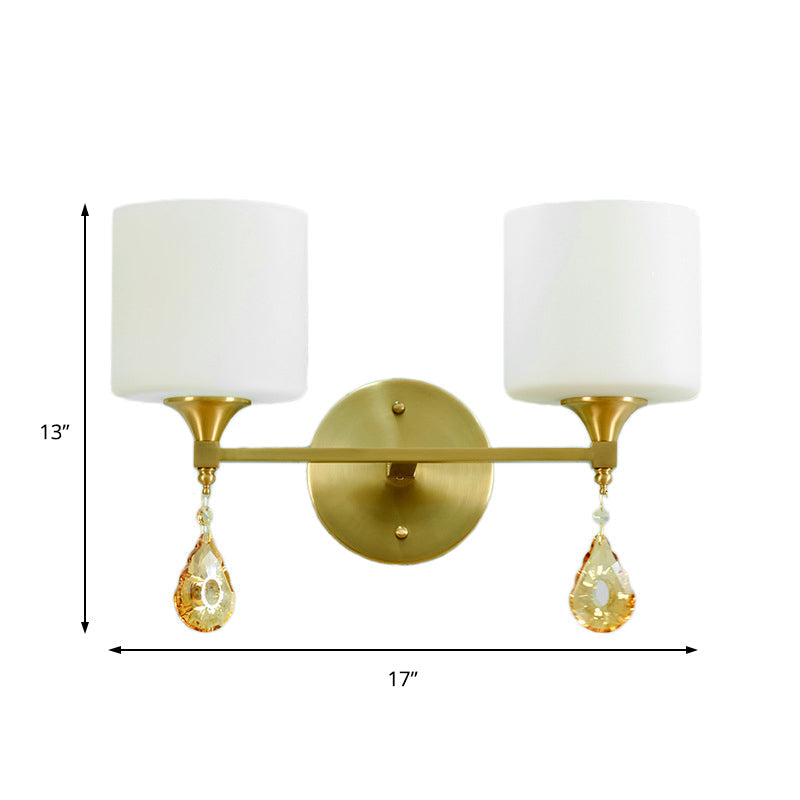 Nordic Style Cylinder Wall Lamp Frosted Glass 1/2-Light Wall Light with Amber Crystal Drops in Brass