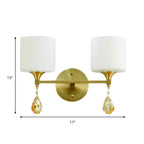 Nordic Style Cylinder Wall Lamp Frosted Glass 1/2-Light Wall Light with Amber Crystal Drops in Brass