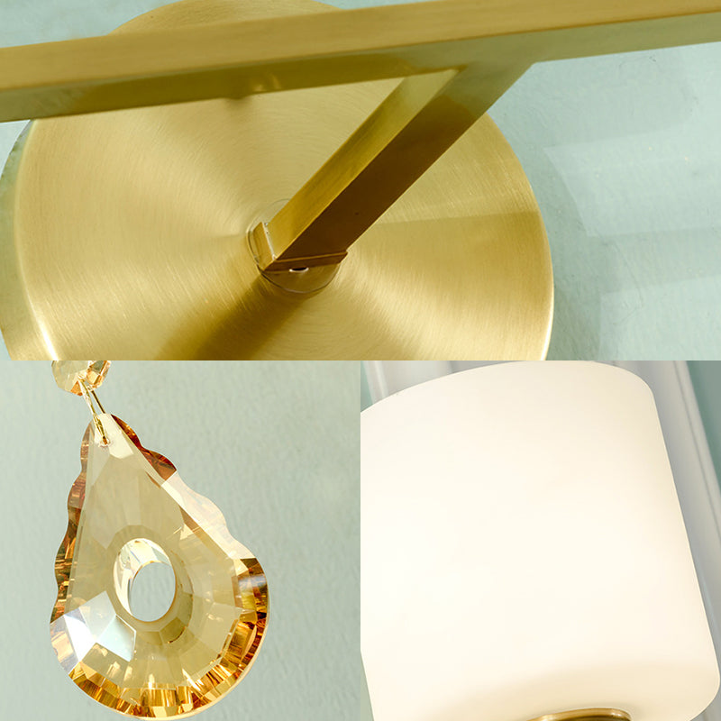 Nordic Style Cylinder Wall Lamp Frosted Glass 1/2-Light Wall Light with Amber Crystal Drops in Brass