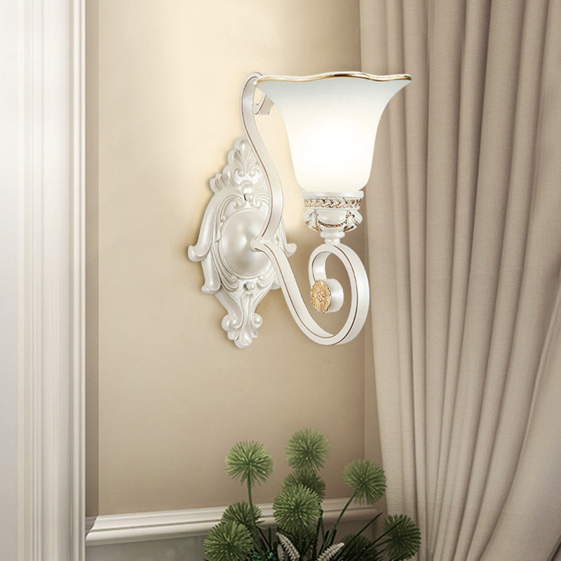 Milk glass flower wall lamp vintage 1/2 head wall-mounted light with clear crystal accent in white for the bedroom