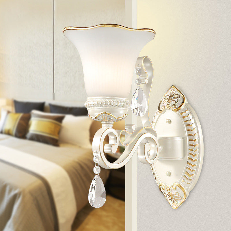 Milk glass flower wall lamp vintage 1/2 head wall-mounted light with clear crystal accent in white for the bedroom