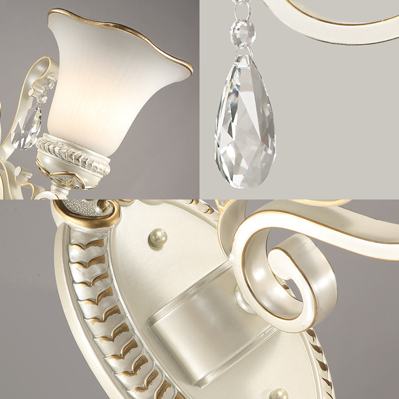 Milk glass flower wall lamp vintage 1/2 head wall-mounted light with clear crystal accent in white for the bedroom