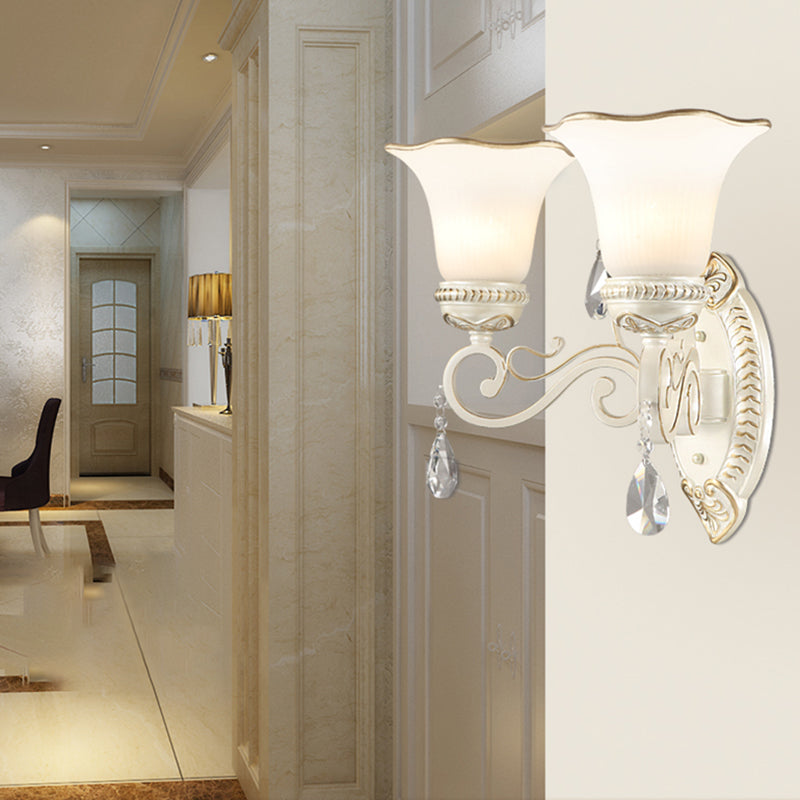 Milk glass flower wall lamp vintage 1/2 head wall-mounted light with clear crystal accent in white for the bedroom