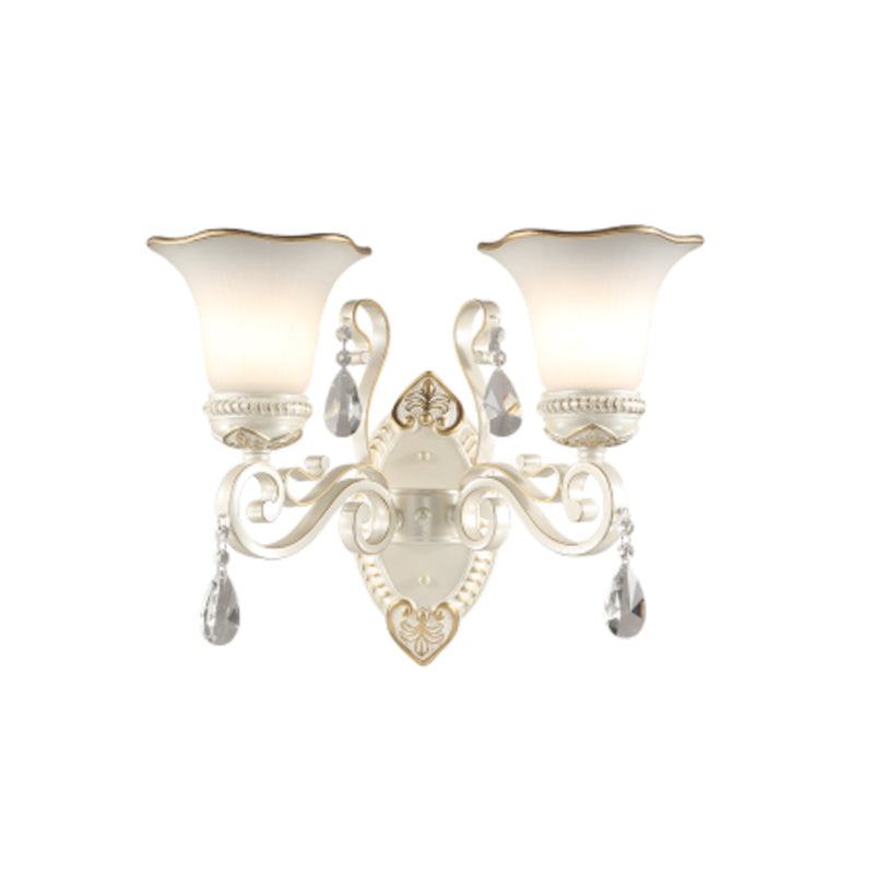 Milk glass flower wall lamp vintage 1/2 head wall-mounted light with clear crystal accent in white for the bedroom
