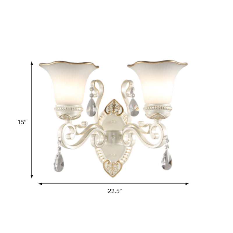 Milk glass flower wall lamp vintage 1/2 head wall-mounted light with clear crystal accent in white for the bedroom