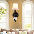 White Fabric Bell Wall Lamp Contemporary 1 Light Wall Lamp with Crystal Ball and Straight Arm in Black