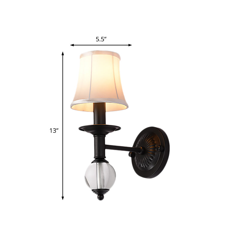 White Fabric Bell Wall Lamp Contemporary 1 Light Wall Lamp with Crystal Ball and Straight Arm in Black