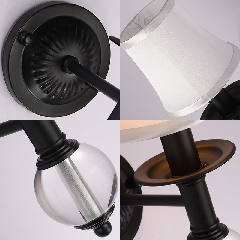 White Fabric Bell Wall Lamp Contemporary 1 Light Wall Lamp with Crystal Ball and Straight Arm in Black