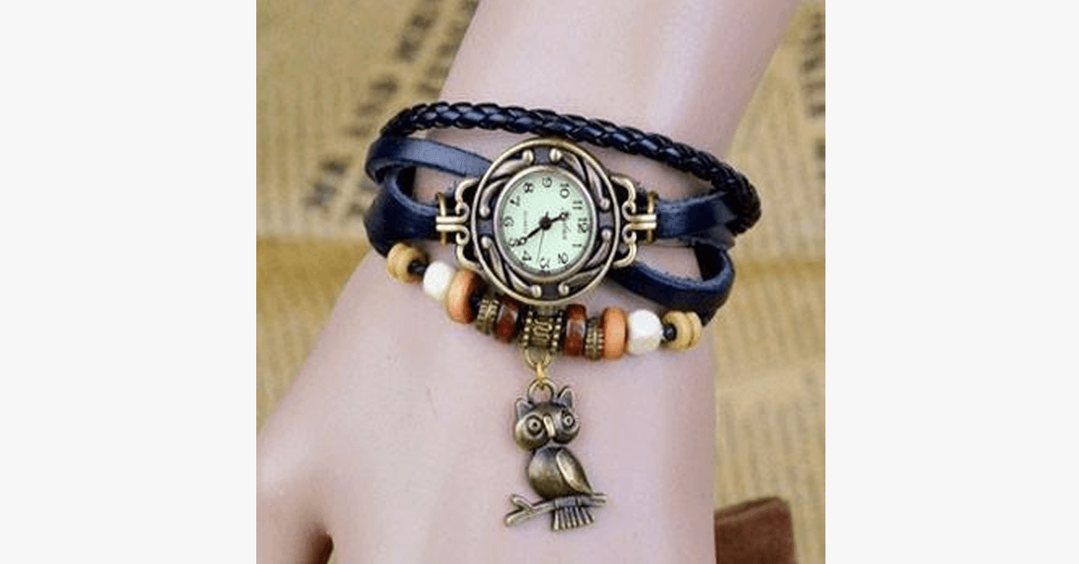 Owl Vintage Wrap Watch with Boho-Chic Style Bracelet - Woven cuff-style bracelet watch for a funky look!