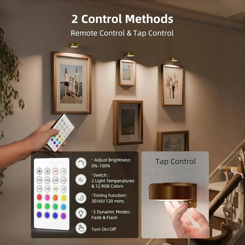 2 + 1 | Wireless Picture Lights – No Drilling, Rechargeable, Color Change with Remote Control