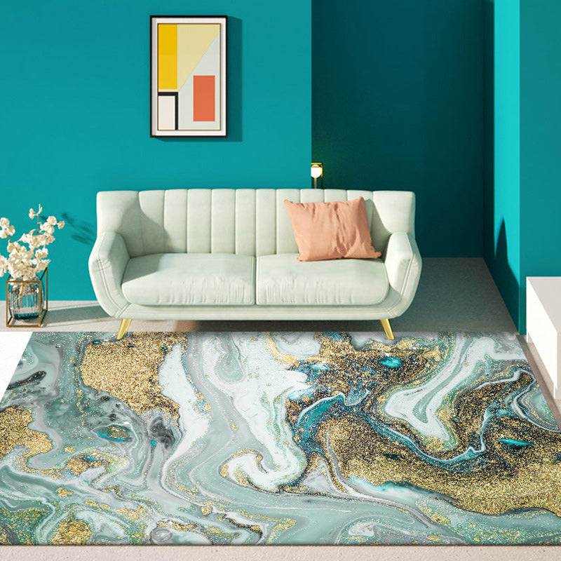 Unique Watercolor Pattern Rug Blue and Gold Modern Rug Polyester Washable Non-slip Background Carpet for Living Room