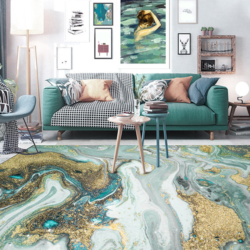 Unique Watercolor Pattern Rug Blue and Gold Modern Rug Polyester Washable Non-slip Background Carpet for Living Room