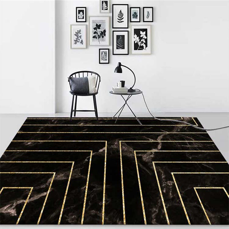 Black Bedroom Rug Modern Geometric Stripe Marble Pattern Carpet Polyester Machine Washable Pet Friendly Rug
