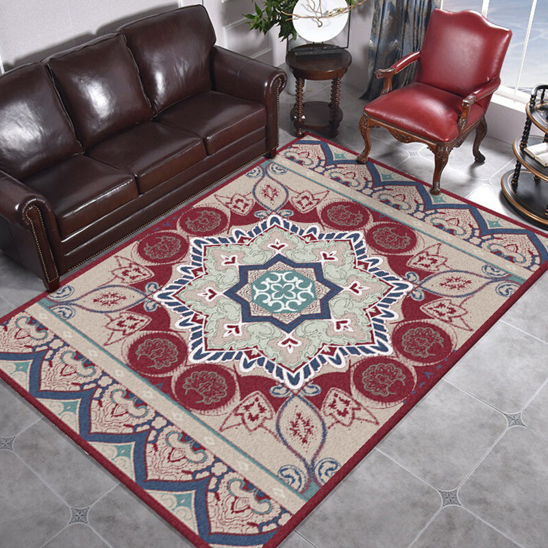 Pink Bedroom Rug Moroccan Medallion Floral Pattern Area Rug Polyester Machine Washable Non-Slip Backing Rug