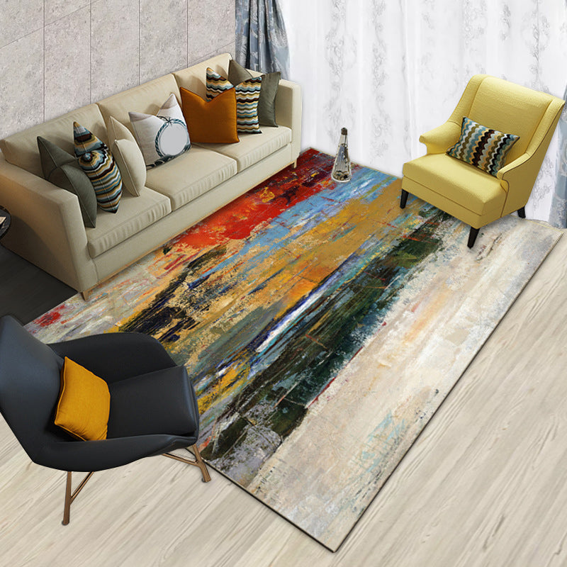 Multicolored Leisure Carpet Polyester Abstract Brush Stroke Painting Pattern Carpet Washable Area Rug for Bedroom