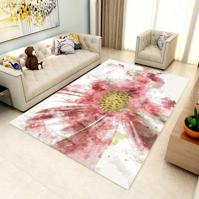 Simple floral pattern rug red and white novelty rug polyester machine washable non-slip rug for the living room