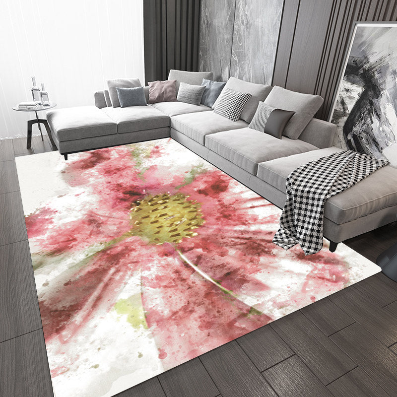 Simple floral pattern rug red and white novelty rug polyester machine washable non-slip rug for the living room