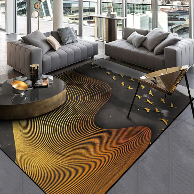 Creative Swirl Lines Carpet Black and Gold Novelty Carpet Polyester Washable Non-Slip Backing Carpet for Living Room