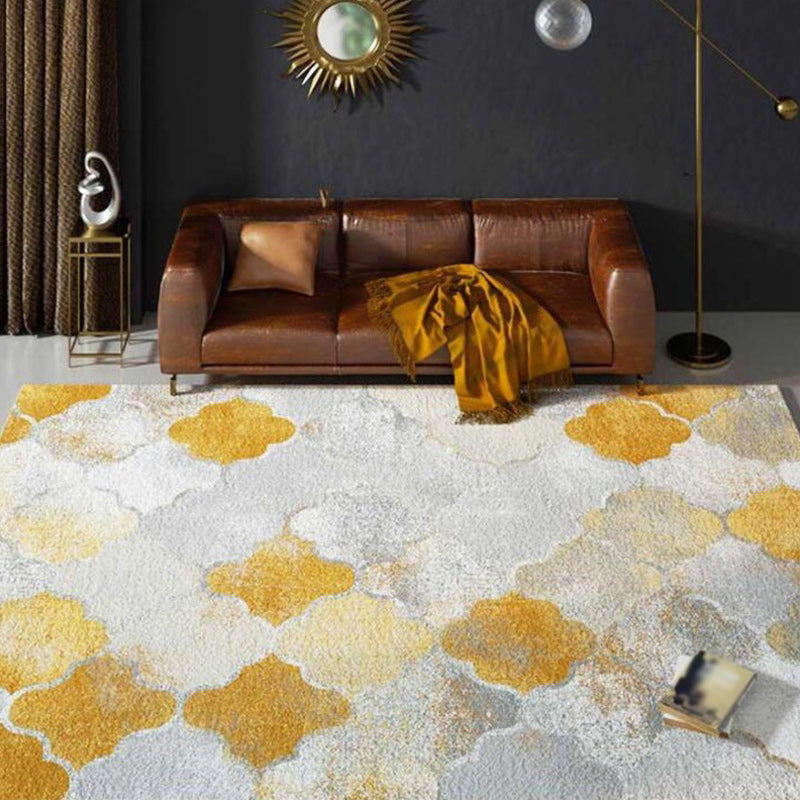 Yellow and Gray Contemporary Rug Polyester Albany Geometric Ogee Print Rug Washable Non-Slip Back Mat Rug for the Living Room