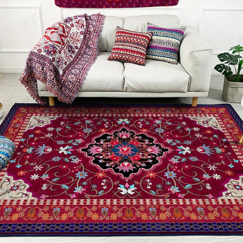 Moroccan Living Room Rug with Red Medallion Floral Pattern Rug Polyester Non-slip Machine Washable Rug