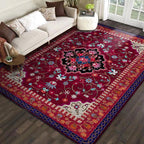 Moroccan Living Room Rug with Red Medallion Floral Pattern Rug Polyester Non-slip Machine Washable Rug
