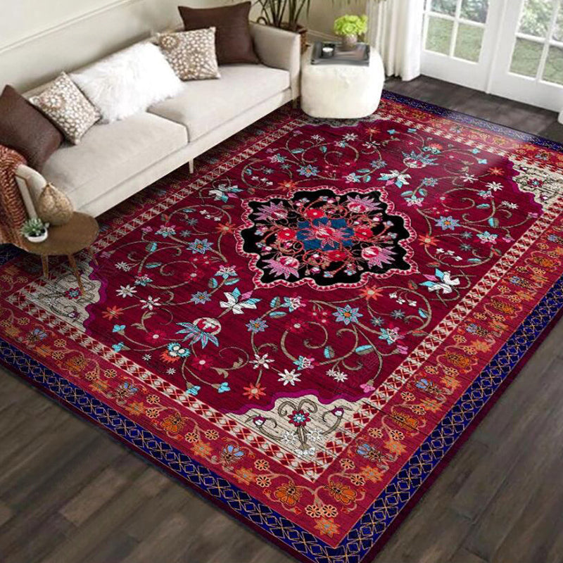 Moroccan Living Room Rug with Red Medallion Floral Pattern Rug Polyester Non-slip Machine Washable Rug