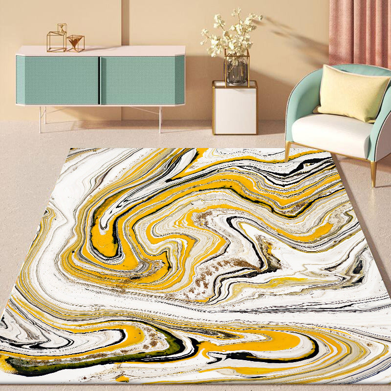 Yellow and white contemporary rug polyester swirl lines watercolor print rug washable non-slip backing rug for living room