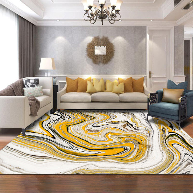 Yellow and white contemporary rug polyester swirl lines watercolor print rug washable non-slip backing rug for living room