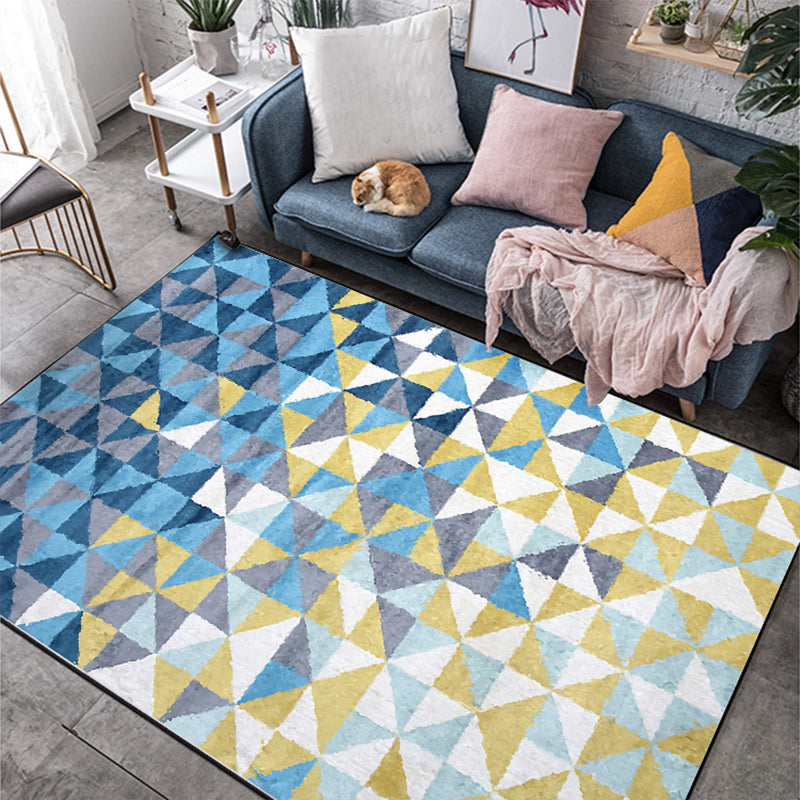 Blue and Yellow Bedroom Rug Modern Geometric Triangle Pattern Area Rug Polyester Machine Washable Non-Slip Rug