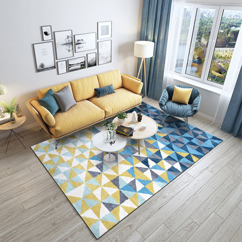 Blue and Yellow Bedroom Rug Modern Geometric Triangle Pattern Area Rug Polyester Machine Washable Non-Slip Rug