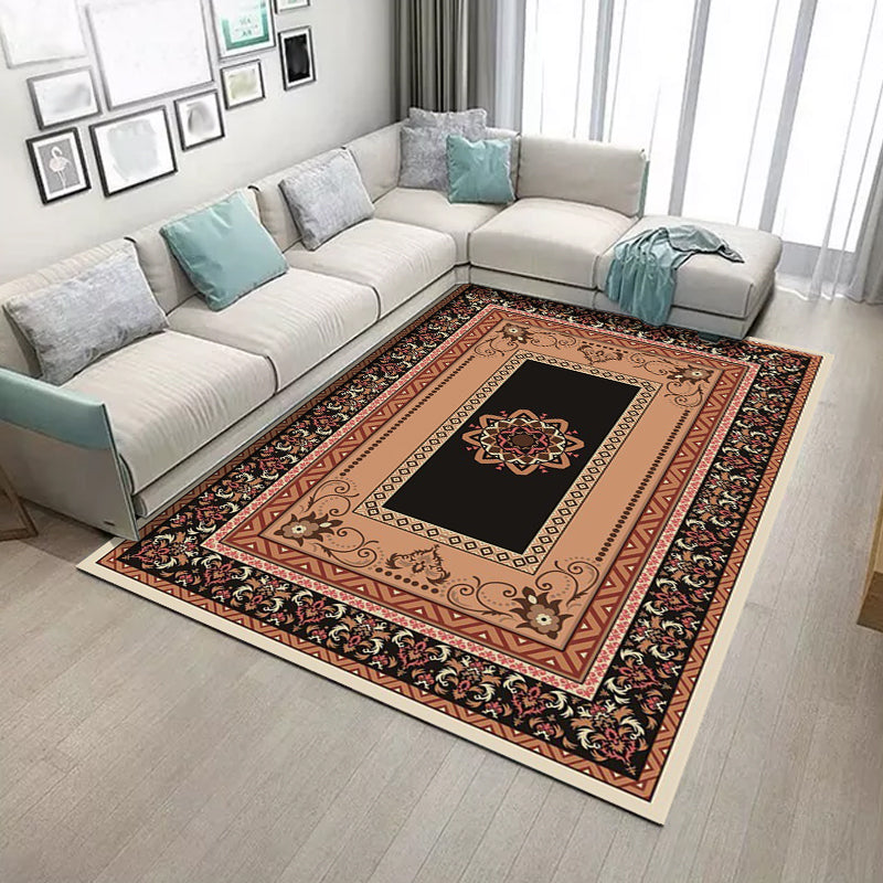 Black and brown bedroom rug Moroccan medallion floral pattern area rug polyester non-slip pet-friendly rug