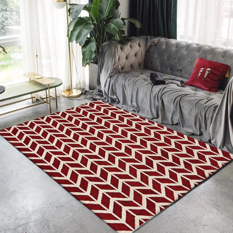 Simple Chevron Print Rug Red Polyester Rug Machine Washable Non-Slip Back Rug for Bedroom
