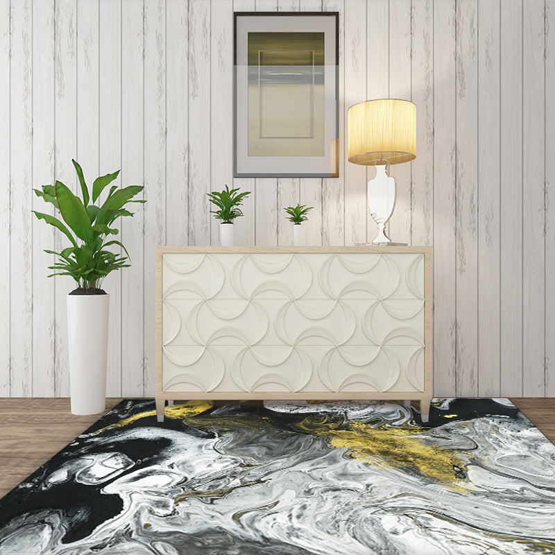 Modern Living Room Rug in White and Black Abstract Paint Pattern Rug Polyester Washable Rug