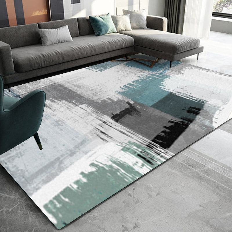 Blue and Gray Modern Rug Polyester Brush Stroke Painting Print Rug Washable Non-Slip Underlay Rug for the Living Room
