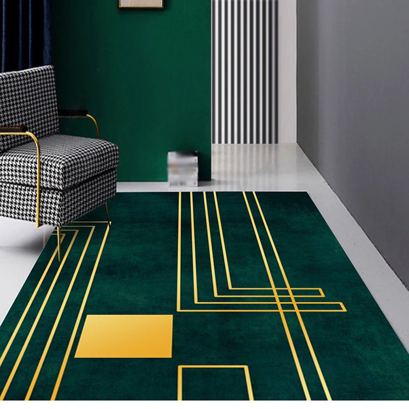 Simply striped rug made of green and gold polyester, machine washable, non-slip backing, rug for the bedroom