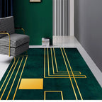 Simply striped rug made of green and gold polyester, machine washable, non-slip backing, rug for the bedroom