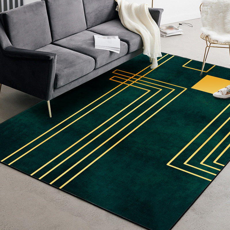 Simply striped rug made of green and gold polyester, machine washable, non-slip backing, rug for the bedroom