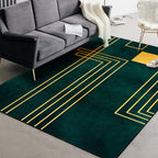 Simply striped rug made of green and gold polyester, machine washable, non-slip backing, rug for the bedroom