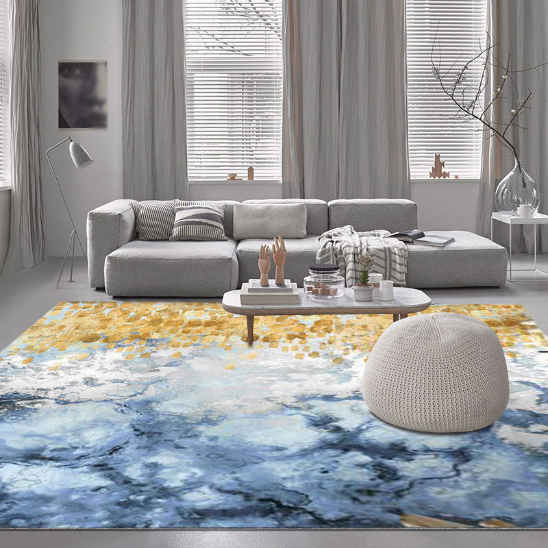 New oil painting pattern rug blue and white polyester rug washable non-slip backing rug for living room