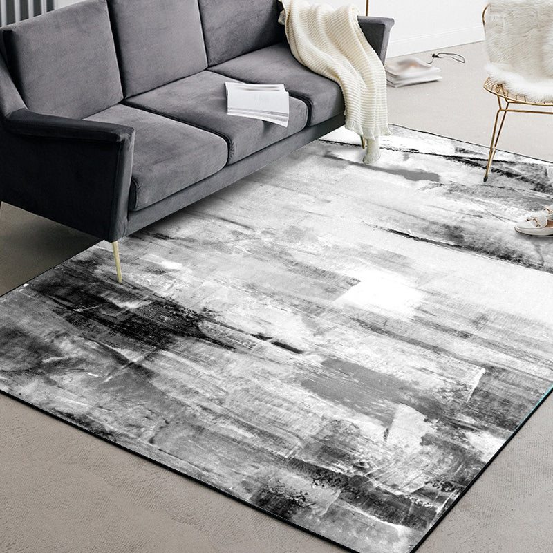 Contemporary Brushstroke Painting Print Rug Gray and White Polyester Rug Washable Non-Slip Back Rug for Bedroom