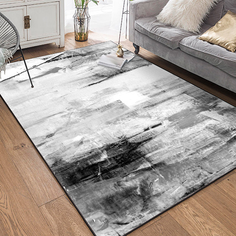 Contemporary Brushstroke Painting Print Rug Gray and White Polyester Rug Washable Non-Slip Back Rug for Bedroom
