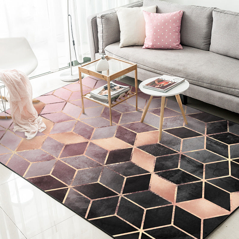 Pink Bedroom Carpet Modern Geometric Hexagon Pattern Area Rug Polyester Stain Resistant Washable Rug