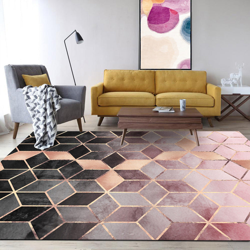 Pink Bedroom Carpet Modern Geometric Hexagon Pattern Area Rug Polyester Stain Resistant Washable Rug