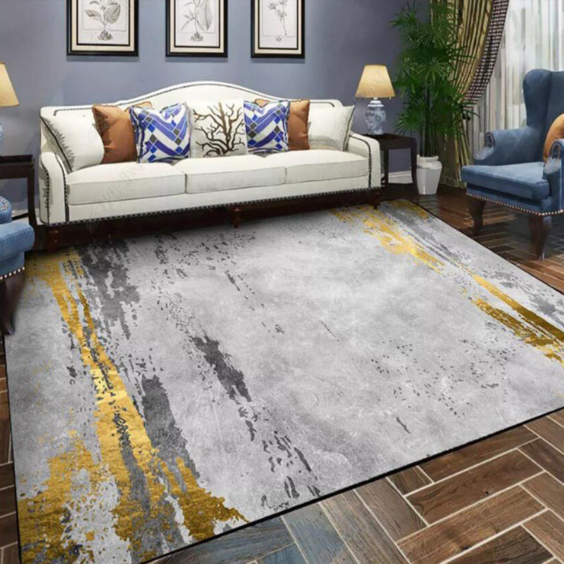 Casual Abstract Carpet Gray and Gold Polyester Carpet Washable Non-Slip Back Carpet for Bedroom