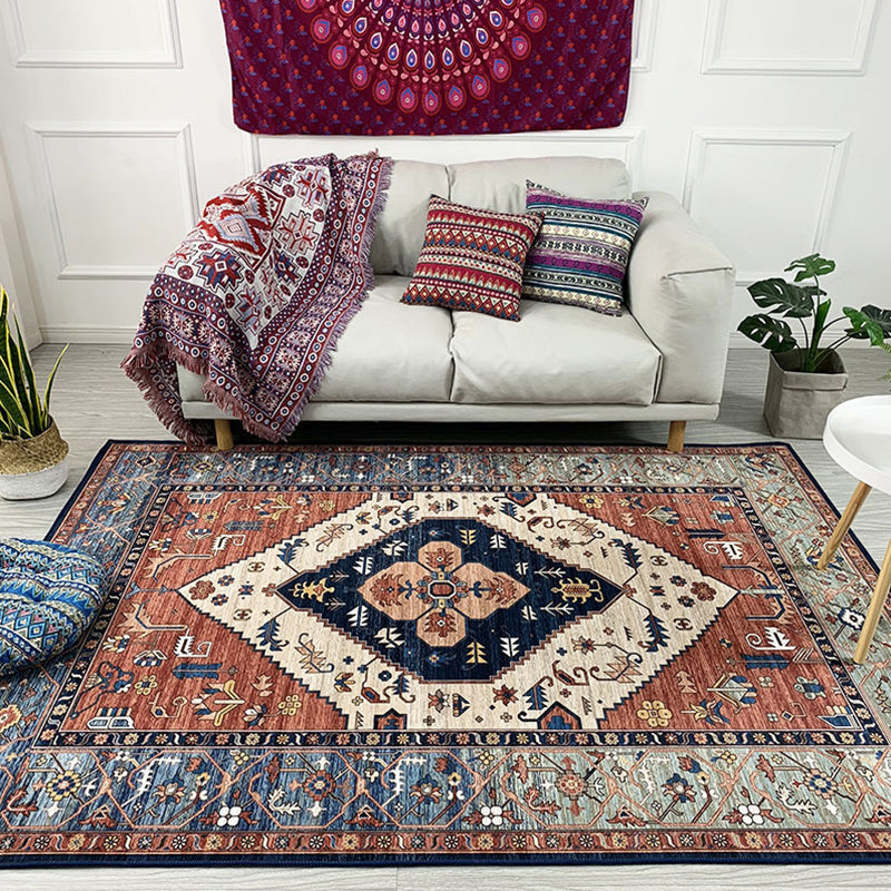 Moroccan Living Room Rug in Brown Medallion Floral Pattern Carpet Polyester Non-Slip Stain-Resistant Area Rug