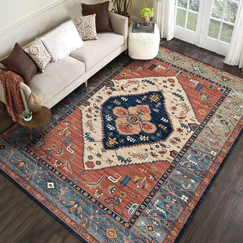 Moroccan Living Room Rug in Brown Medallion Floral Pattern Carpet Polyester Non-Slip Stain-Resistant Area Rug