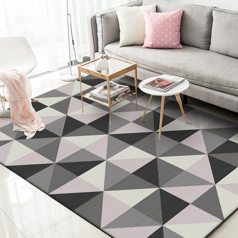 Simple Checked Pattern Rug Gray Polyester Rug Machine Washable Non-Slip Back Rug for Bedroom