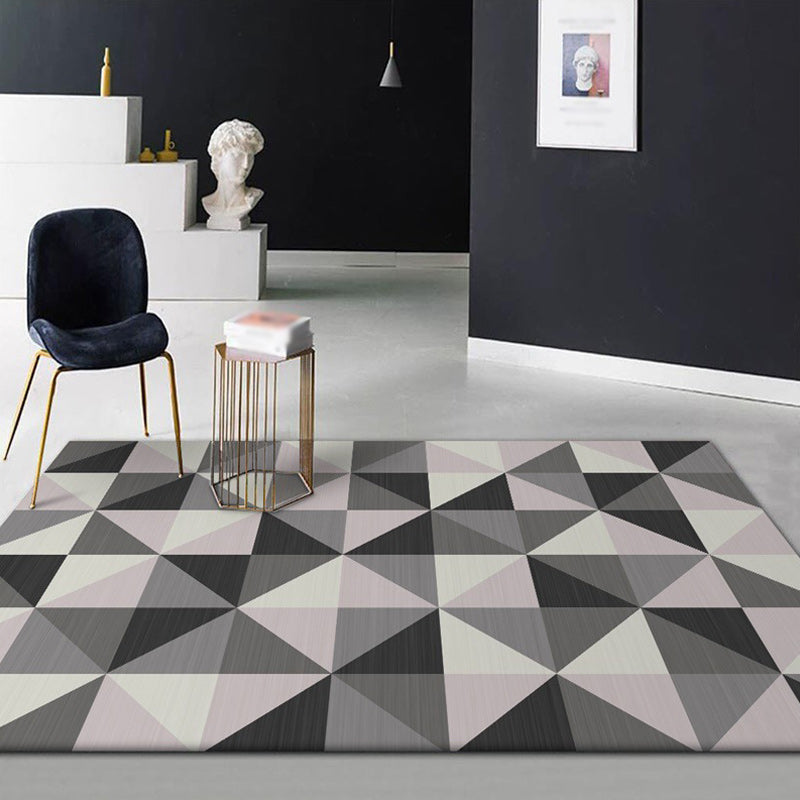 Simple Checked Pattern Rug Gray Polyester Rug Machine Washable Non-Slip Back Rug for Bedroom