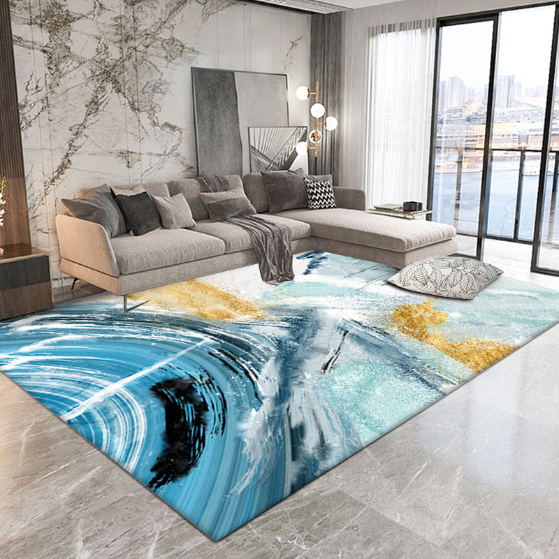 Blue simple carpet polyester abstract rug non-slip back washable rug for the living room